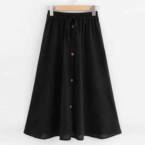 

Plus Tie Front Button Through A-line Skirt, Black