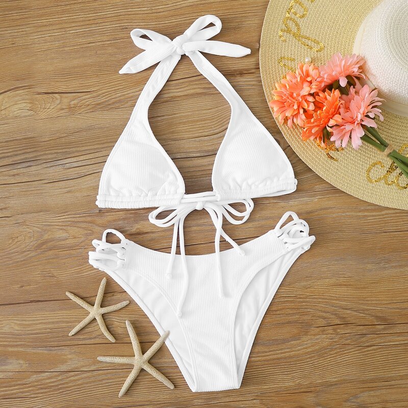 

Ribbed Halter Bikini Swimsuit, White