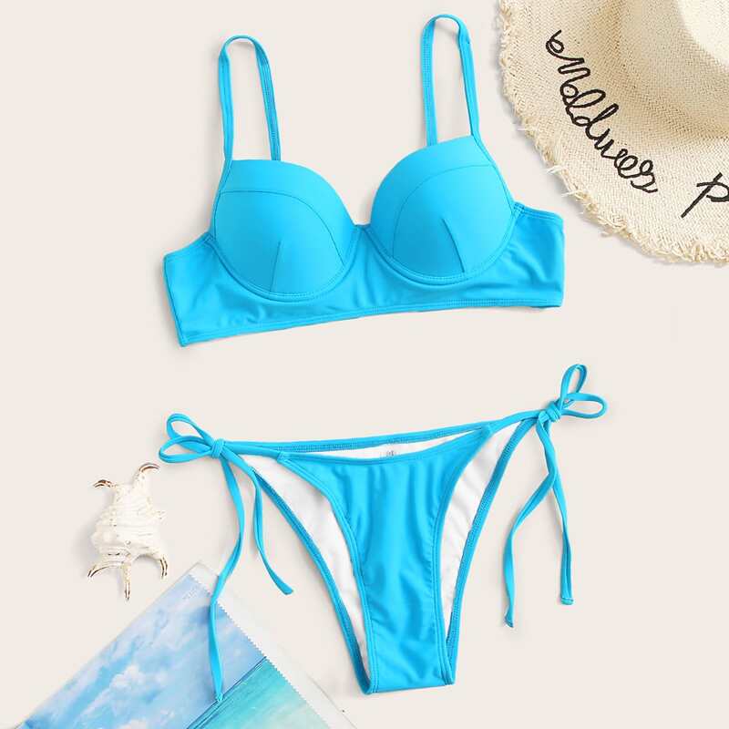 

Underwire Tie Side Bikini Swimsuit, Blue