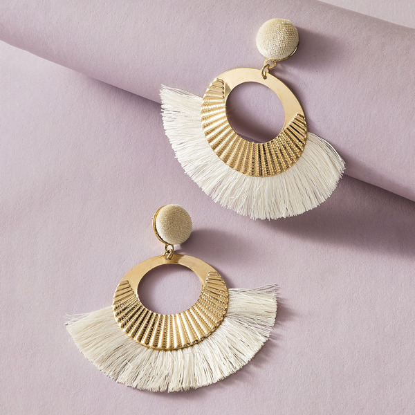 

1pair Fan Shaped Fringe Drop Earrings, White