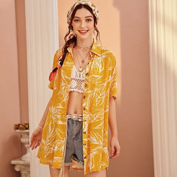 

Tropical Print Button Front Longline Blouses, Yellow