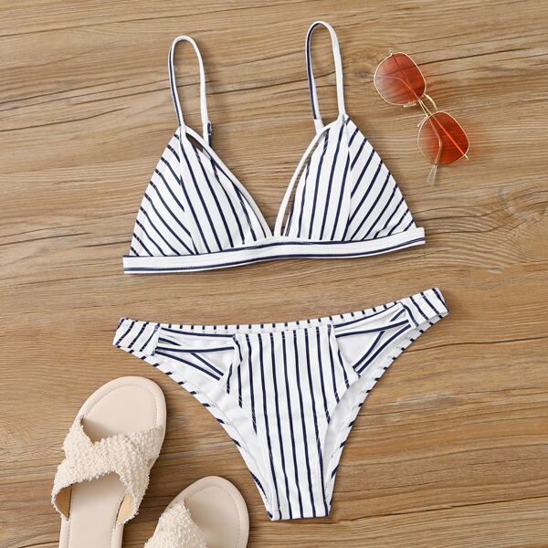 

Striped Triangle Cheeky Bikini Swimsuit, Black and white