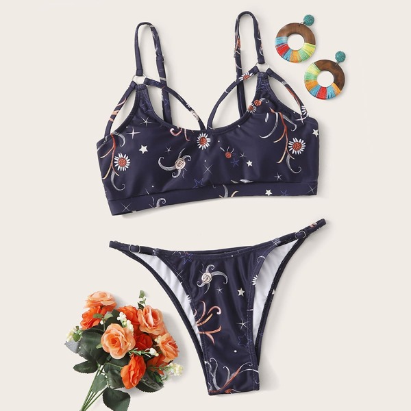 

Floral Ring Linked Harness Tanga Bikini Swimsuit, Multicolor