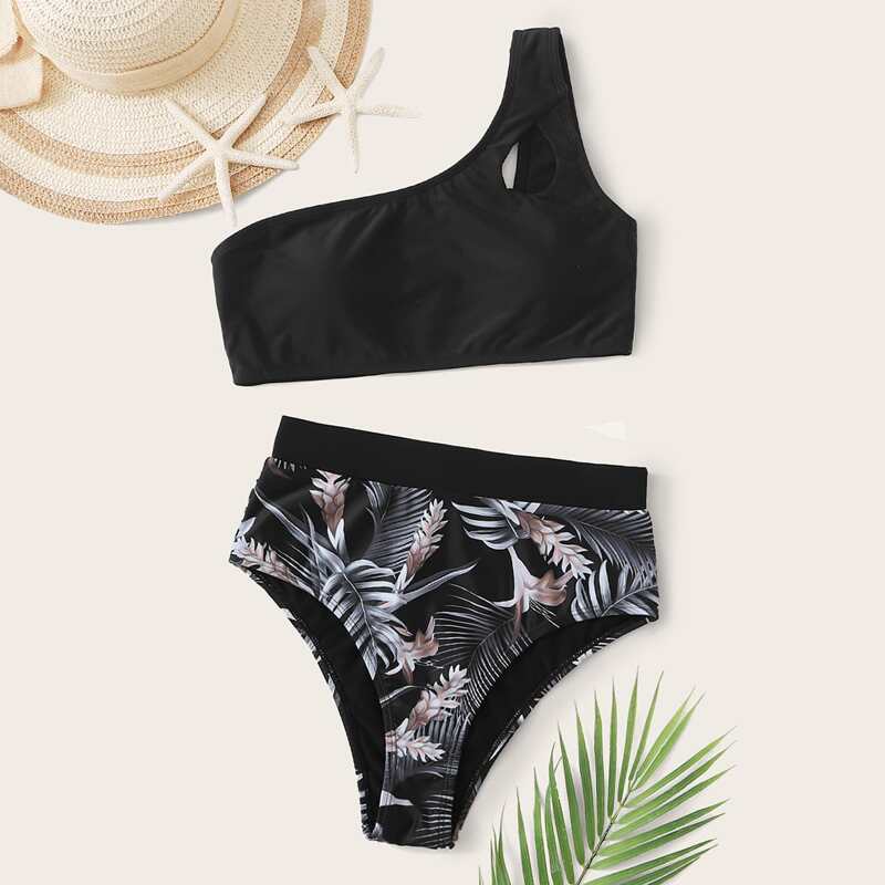 

Tropical One Shoulder High Waisted Bikini Swimsuit, Black