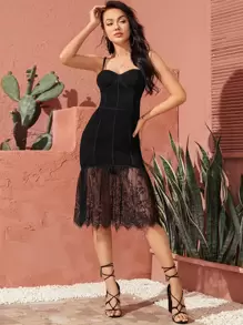 SHEIN Vestido bustier slip con encaje bajo fruncido - Negro - Ver 1
