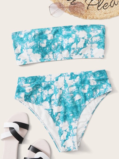 Tie Dye Bandeau High Waisted Bikini Swimsuit