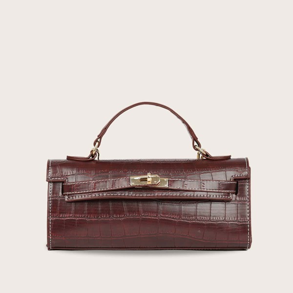 

Croc Embossed Flap Chain Satchel, Brown