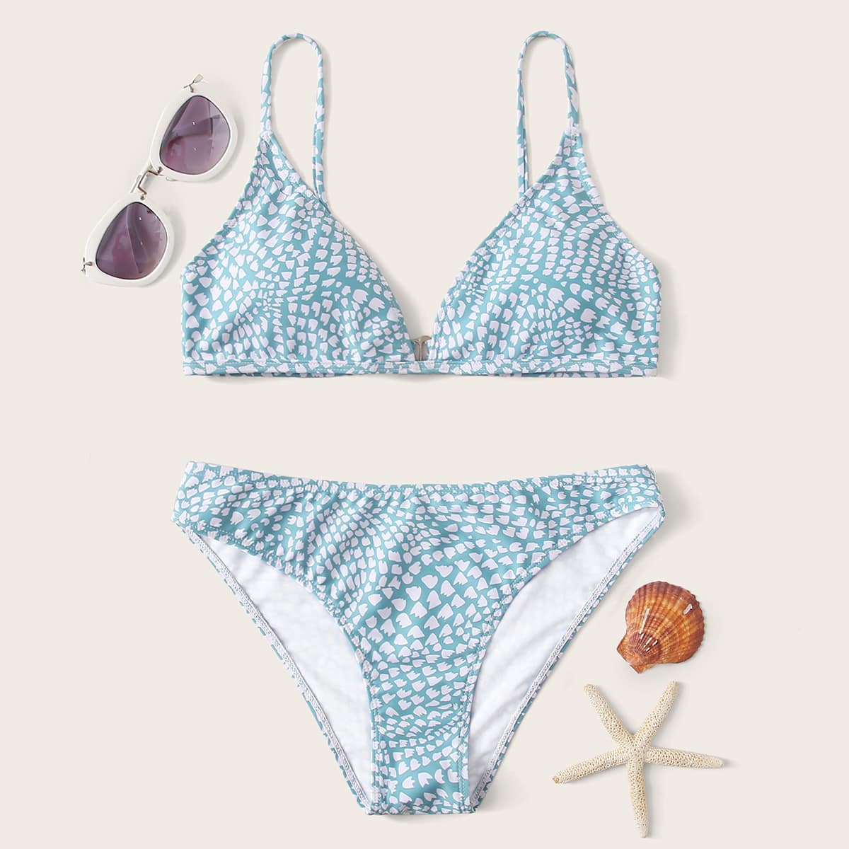 

V-neck Allover Print Bikini Swimsuit, Blue