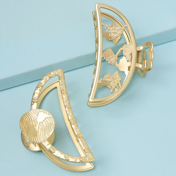 

2pcs Metal Map Design Hair Claw, Gold