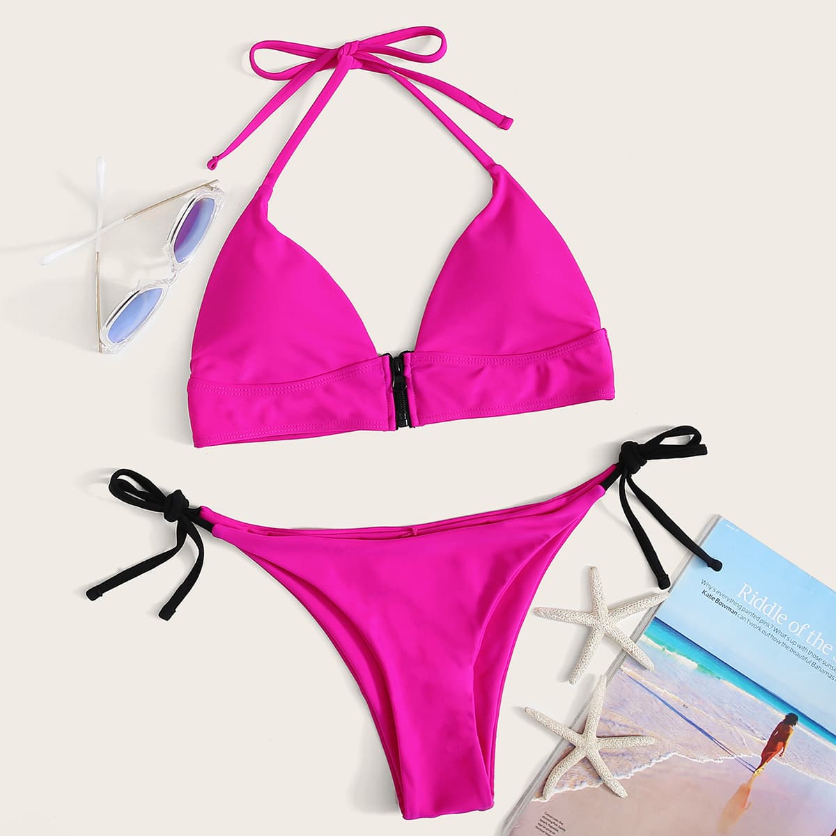 

Halter Triangle Tie Side Bikini Swimsuit, Pink bright