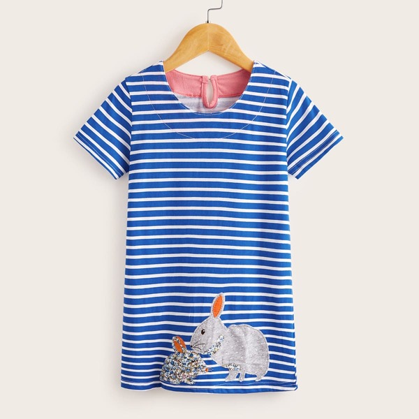 

Toddler Girls Cartoon Graphic Striped Dress, Blue