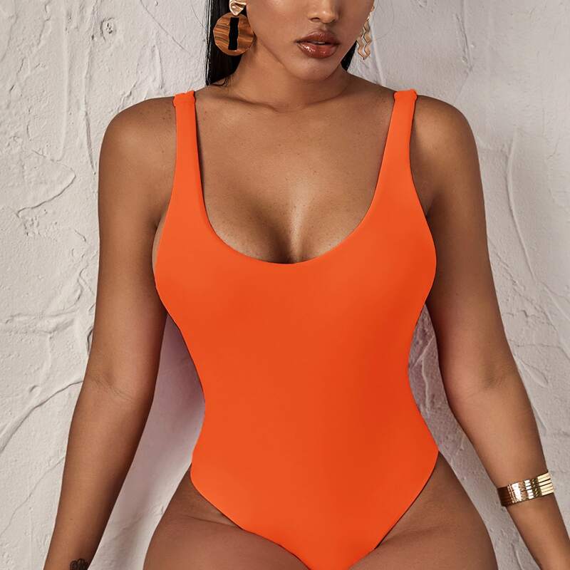 

Neon Orange Open Back One Piece Swimsuit, Orange bright
