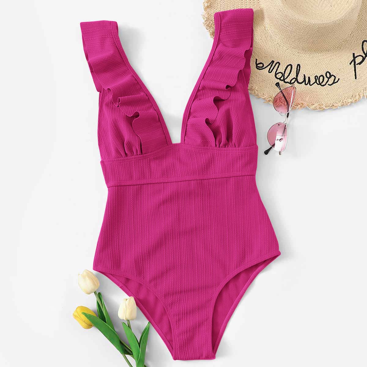 

Textured Ruffle One Piece Swimsuit, Pink