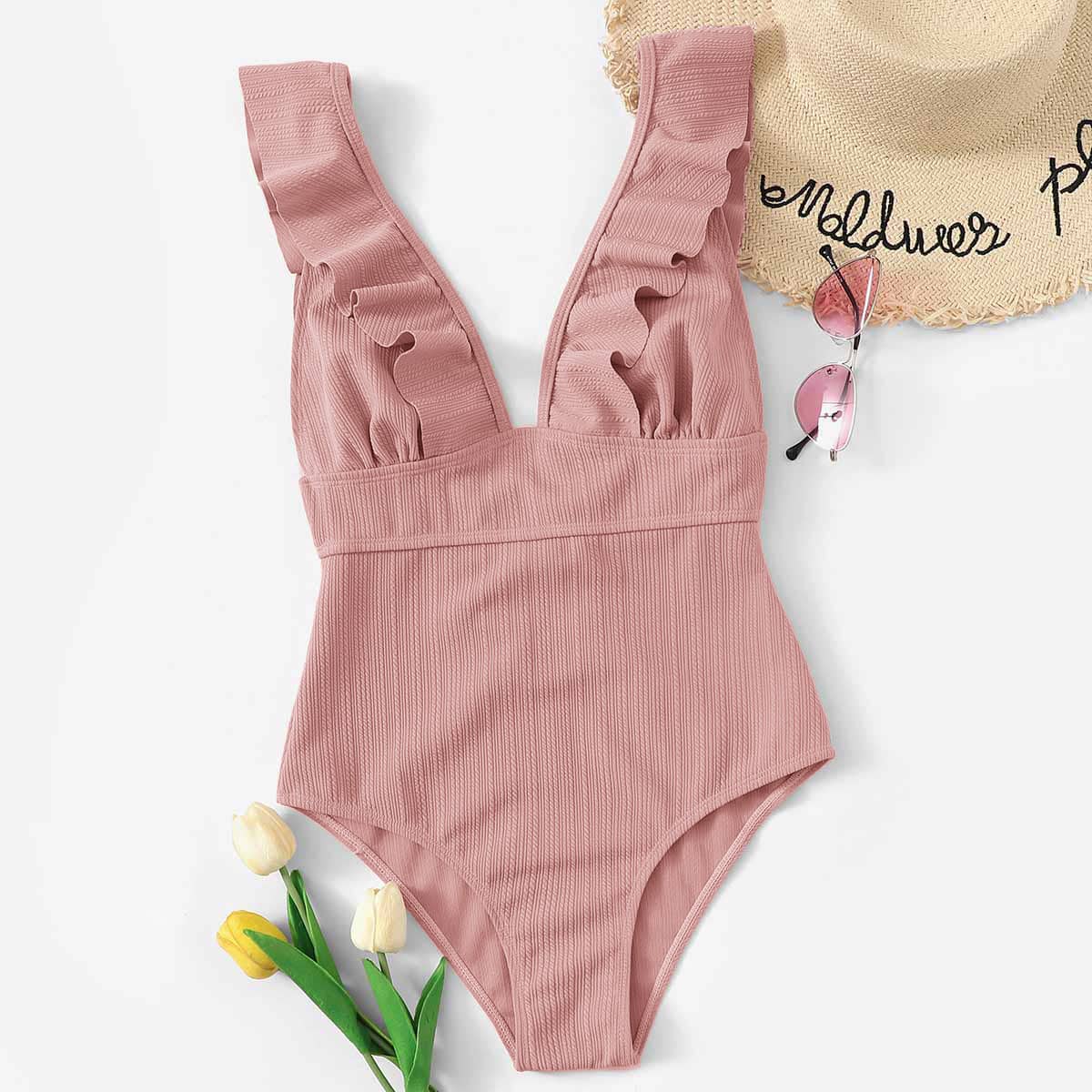 Textured Ruffle One Piece Swimsuit, Pink