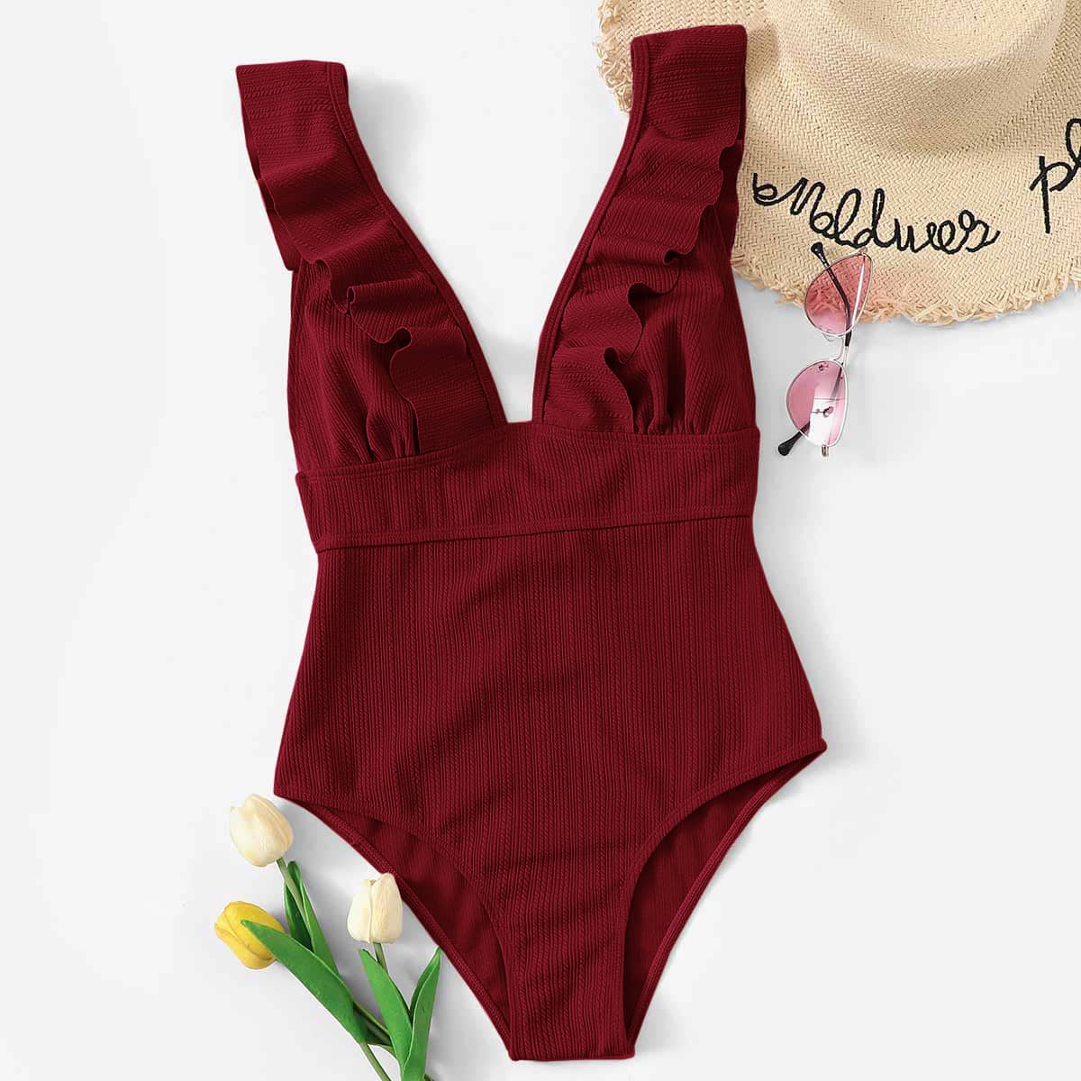 

Textured Ruffle One Piece Swimsuit, Burgundy