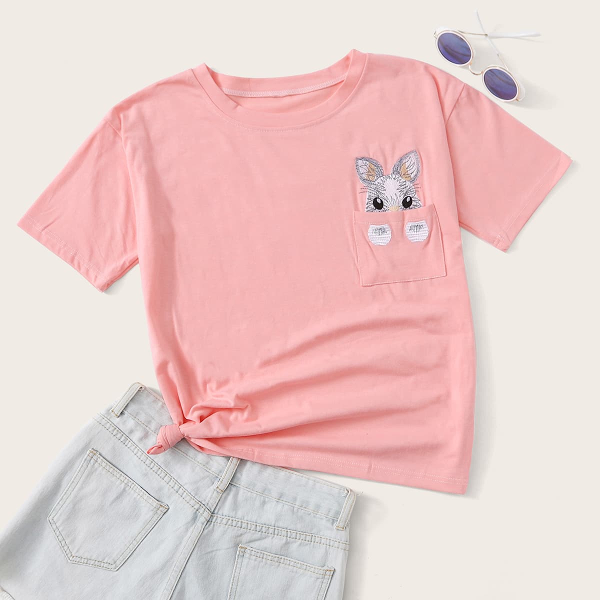 

Animal Embroidery Pocket Pink Tee