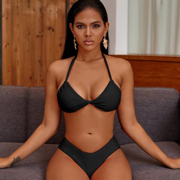 

Twist Halter High Cut Bikini Swimsuit, Black
