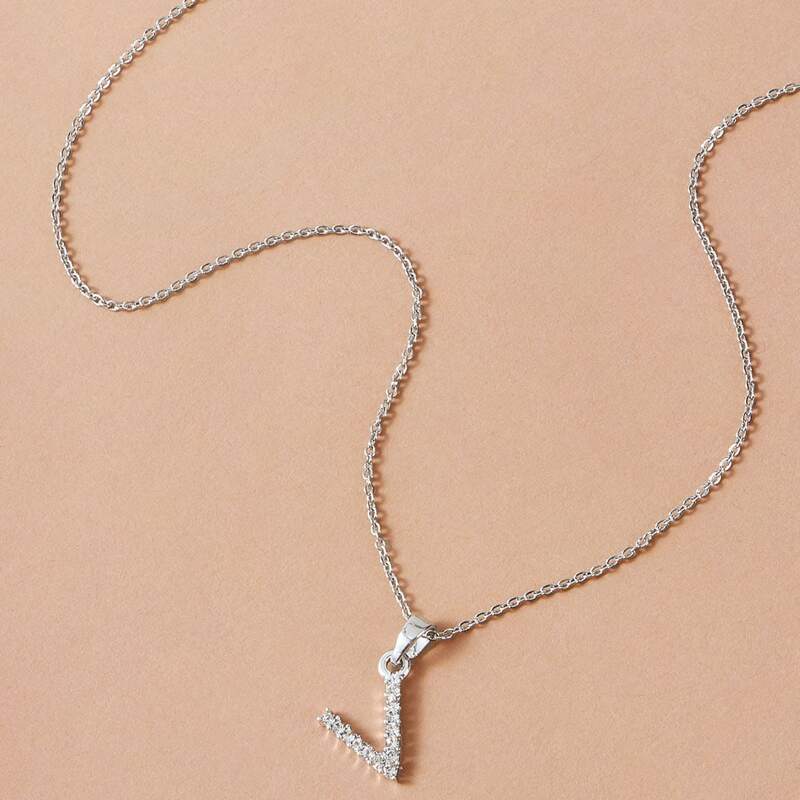 1pc Rhinestone Decor Letter Charm Necklace, Silver