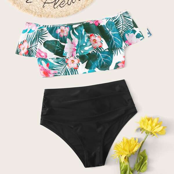 

Tropical Ruffle Bardot High Waisted Bikini Swimsuit, Multicolor