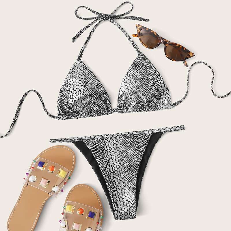 

Croc Metallic Triangle Tanga Bikini Swimsuit, Grey