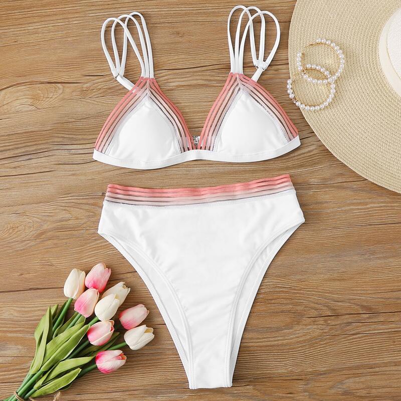 

Contrast Mesh Triangle High Waisted Bikini Swimsuit, White