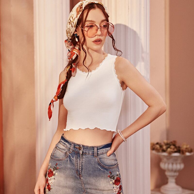 

Eyelash Lace Panel Lettuce Trim Tank Top, White