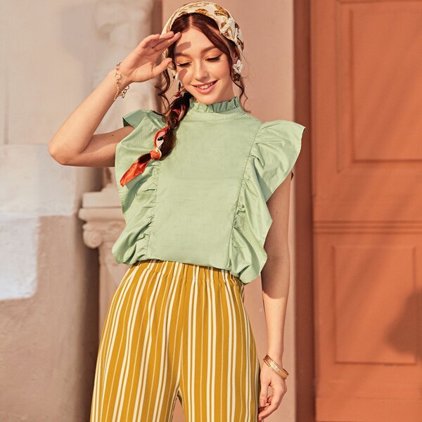 

Frill Neck Exaggerated Ruffle Blouse, Green pastel