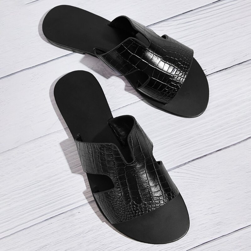 

Croc Embossed Cut Out Sliders, Black