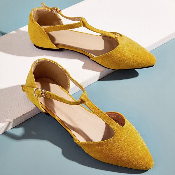 

Point Toe T-strap Suede Flats, Yellow