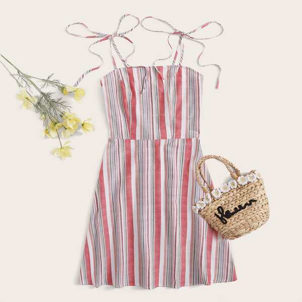 

Knot Strap Shirred Back Striped Dress, Multicolor