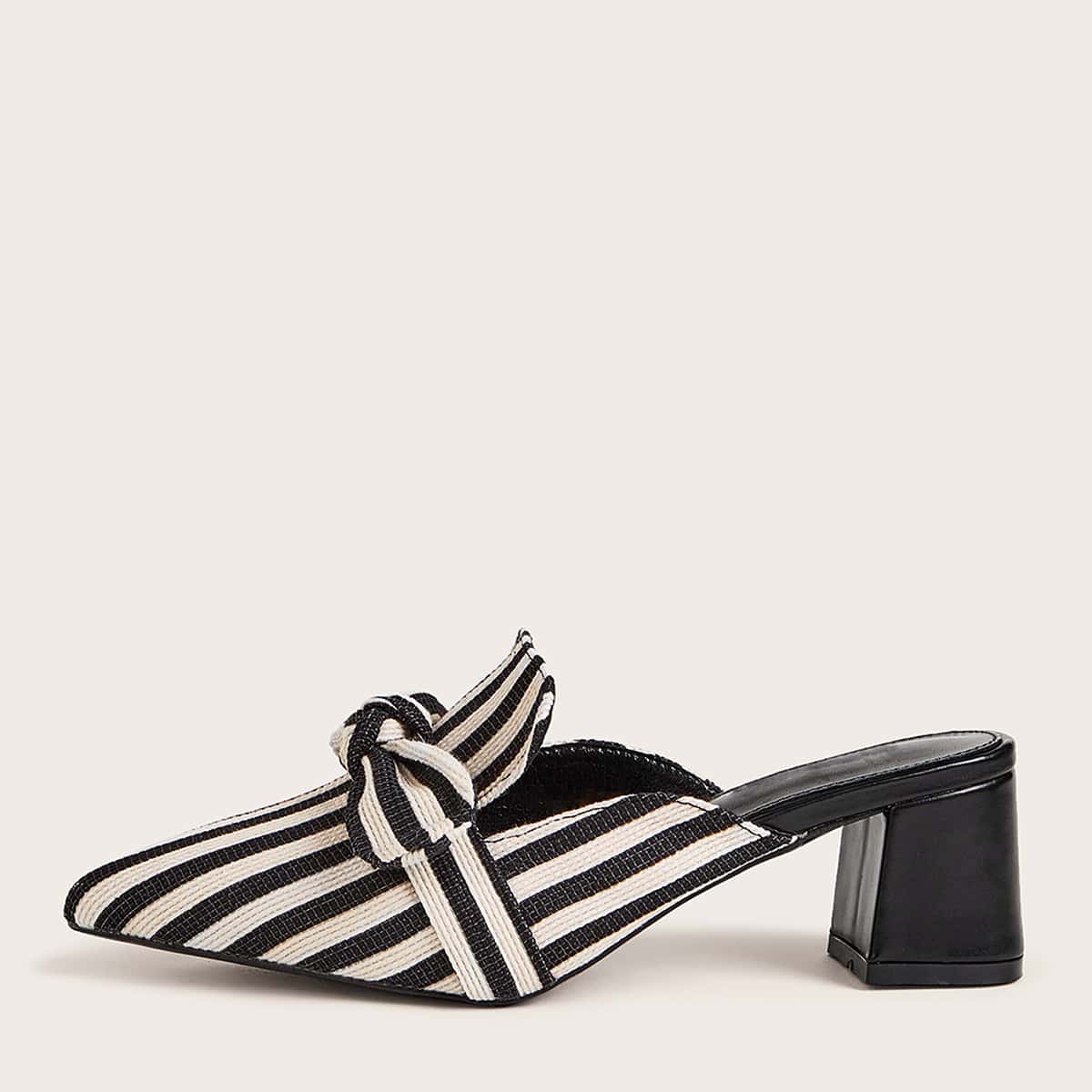 

Striped Bow Decor Chunky Heeled Mules, Black and white