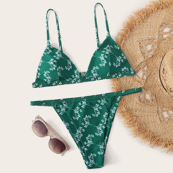

Leaf Print Triangle Tanga Bikini Swimsuit, Green