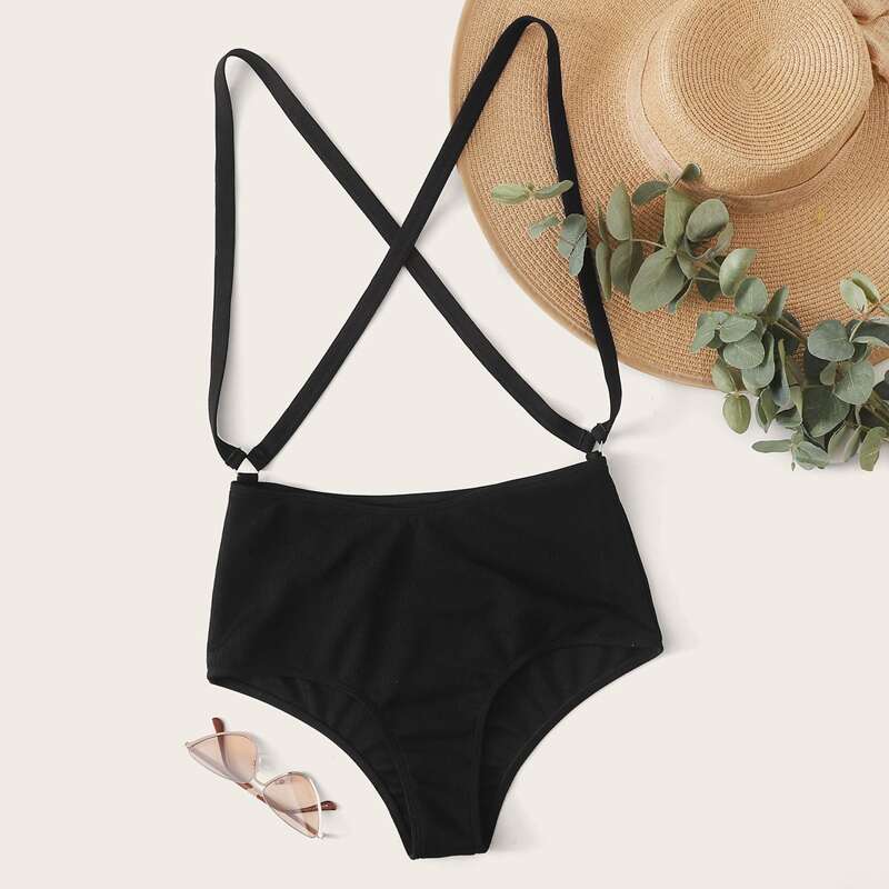 

Ribbed Criss Cross Suspender Bikini Panty, Black