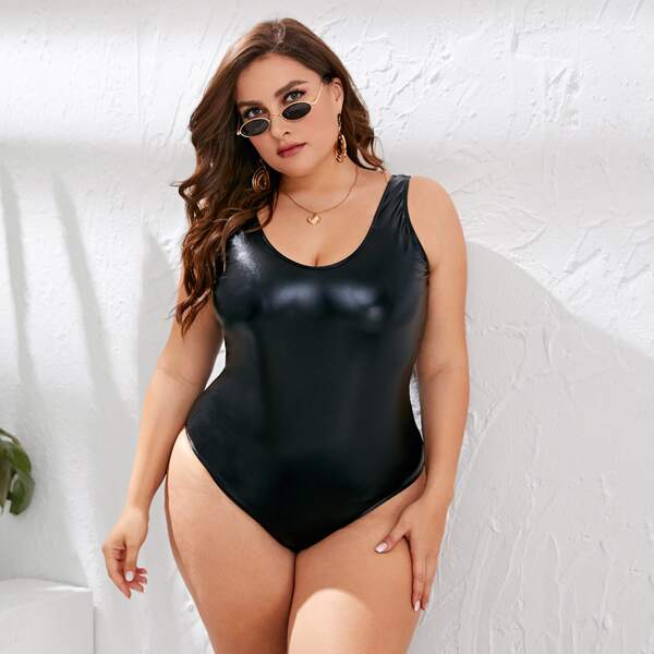 

Plus Metallic Open Back One Piece Swimsuit, Black