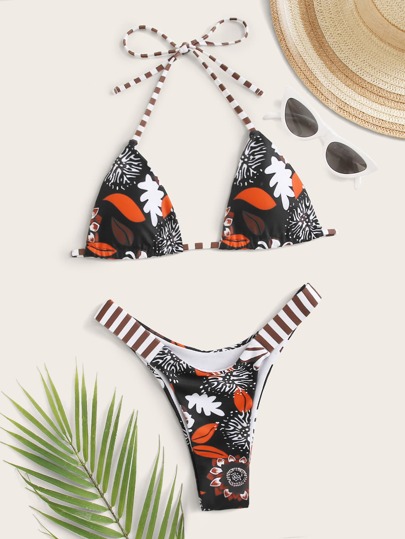 Plant Print Triangle High Cut Bikini Swimsuit