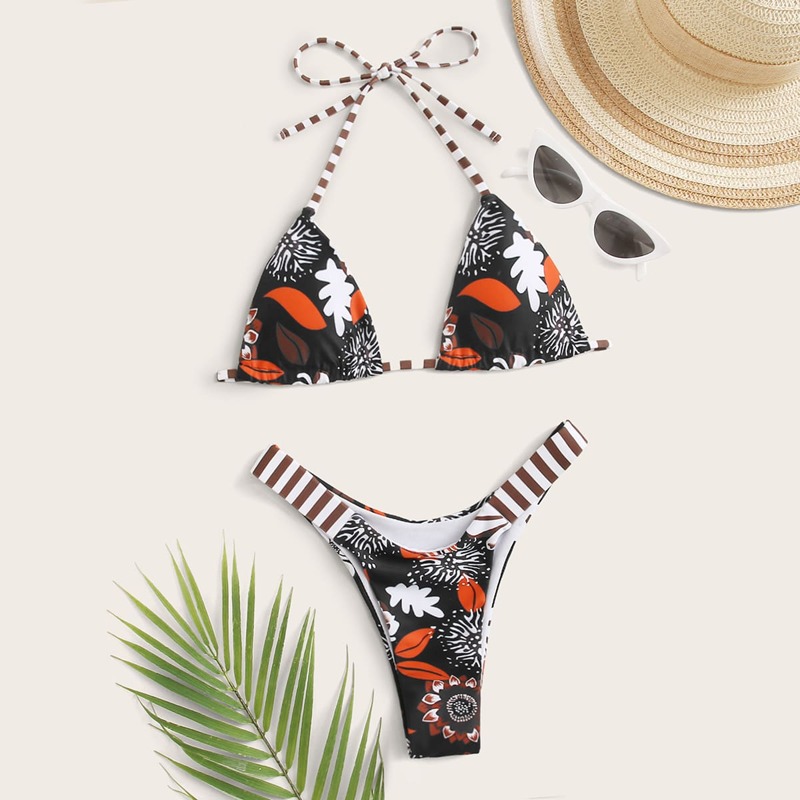 

Plant Print Triangle High Cut Bikini Swimsuit, Multicolor