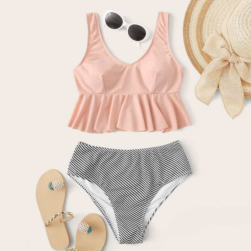 

Striped Ruffle Hem Bikini Swimsuit, Multicolor