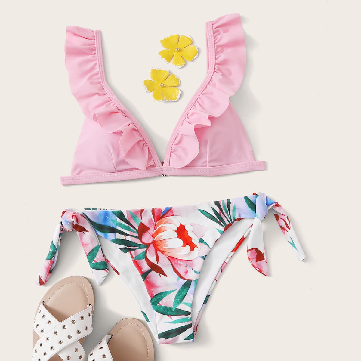 

Floral Ruffle Triangle Tie Side Bikini Swimsuit, Multicolor