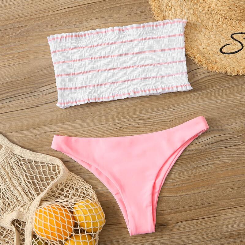 

Frill Striped Smocked Bikini Swimsuit, Multicolor