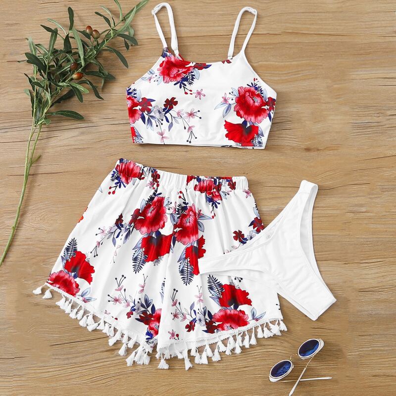 

3pack Floral Tassel Hem Co-Ord Bikini Swimsuit, Multicolor