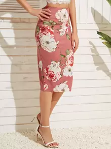 SHEIN Clasi Falda lápiz con estampado floral - Rosa - Ver 5