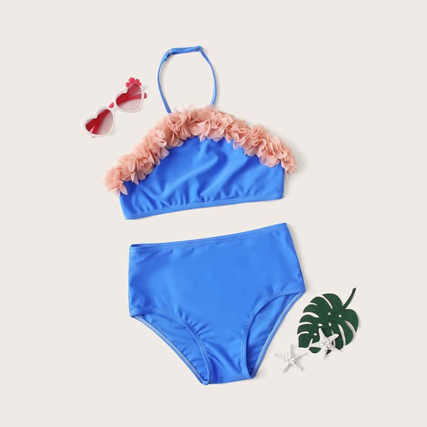 

Girls Flower Appliques High Waisted Bikini Swimsuit, Blue