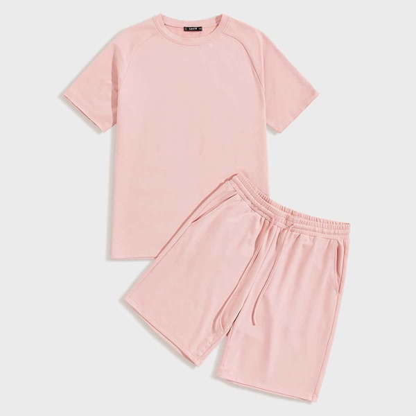 

Men Raglan Sleeve Solid Top & Shorts Set, Pink