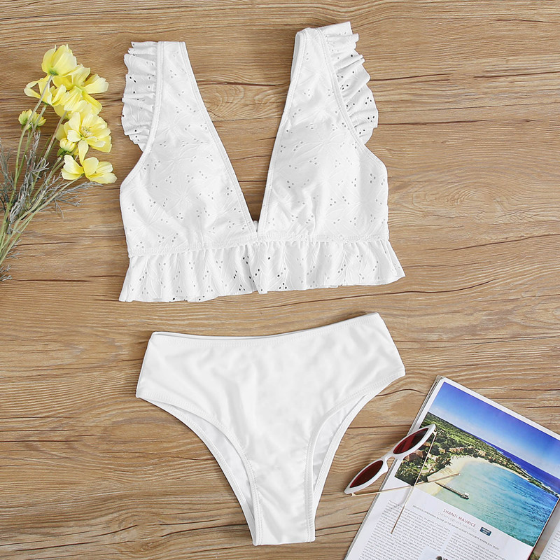 

Eyelet Embroidery Ruffle Bikini Swimsuit, White