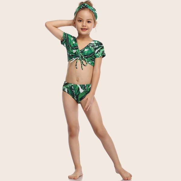 

Girls Tropical Drawstring Bikini Swimsuit With Headband, Green