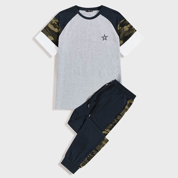 

Men Colorblock Camo Sleeve Top & Pants Set, Multicolor
