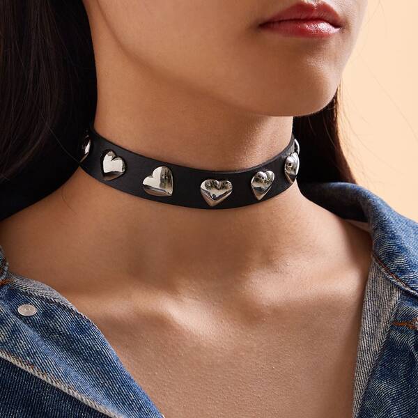 

1pc Heart Studded PU Choker, Black