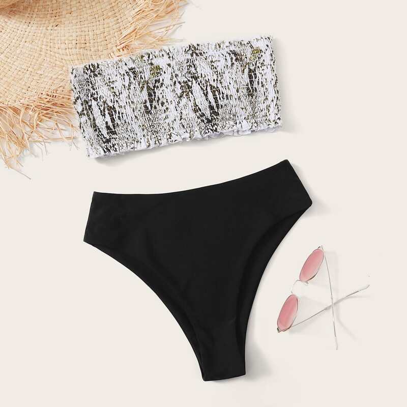 

Snakeskin Smocked Frill Bandeau Bikini Swimsuit, Multicolor