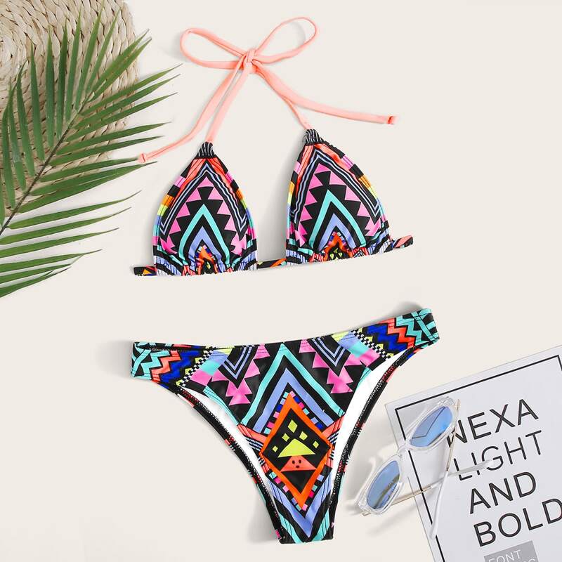 

Aztec Print Halter Triangle Bikini Swimsuit, Multicolor