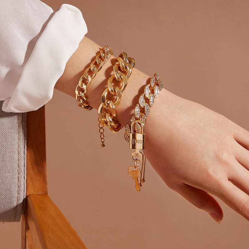 

3pcs Lock & Key Charm Chain Bracelet, Gold